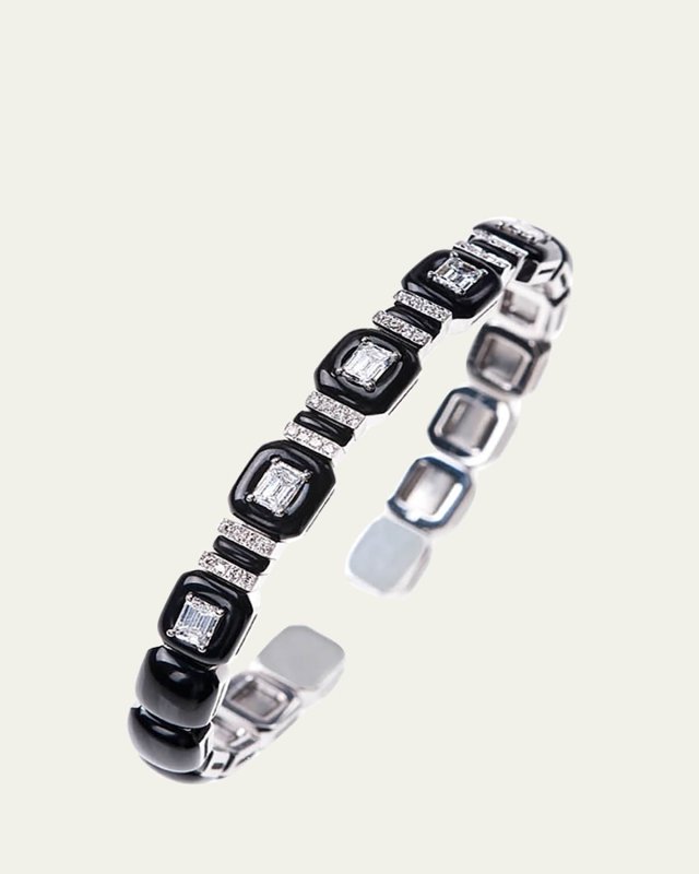 Oui 18k White Gold Black Enamel & Diamond Bangle